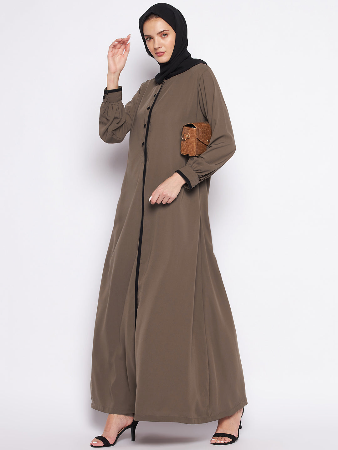 Nabia Oat Solid Nida Matte Fabric Abaya For Women with Georgette Scarf