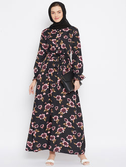 Nabia Women Black Floral Printed Crepe Abaya Dress With Georgette Scarf