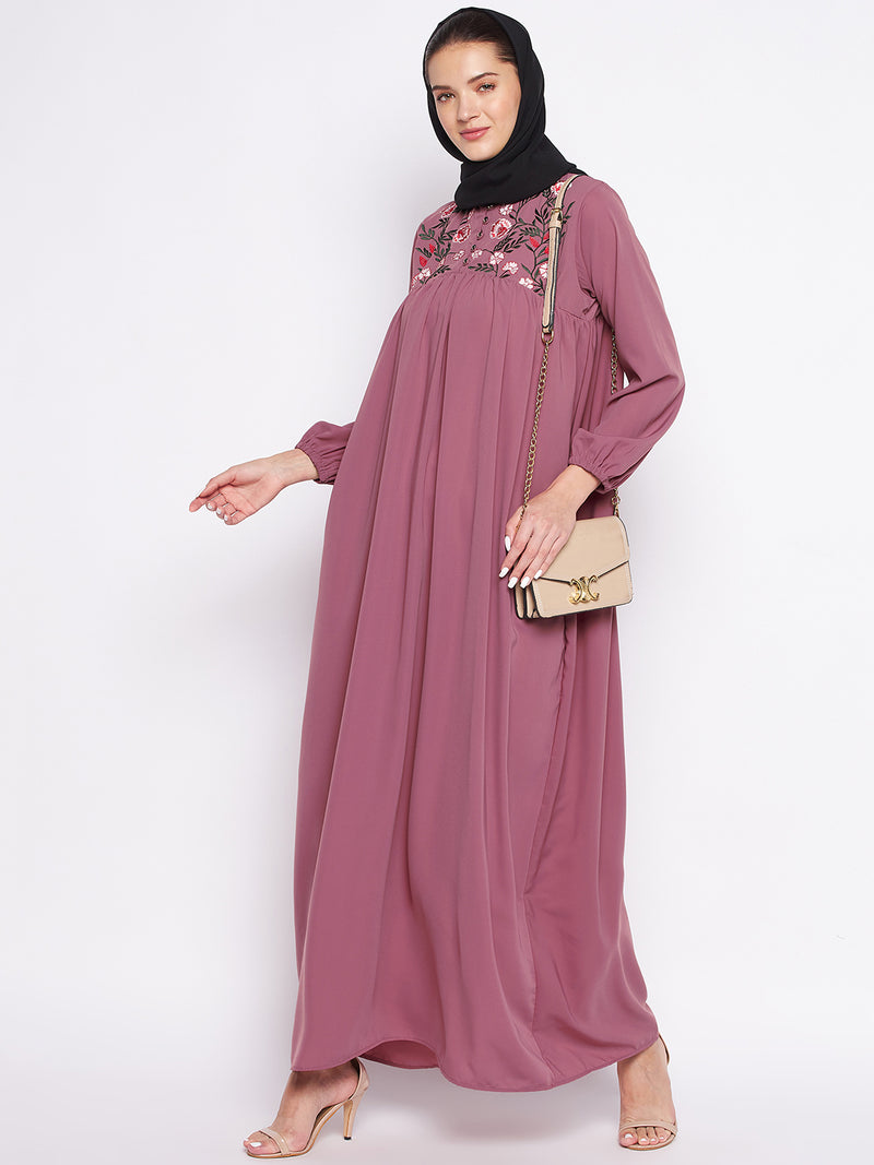 Nabia Puce Pink Nida Matte Fabric Embroidery Abaya For Women With Georgette Scarf