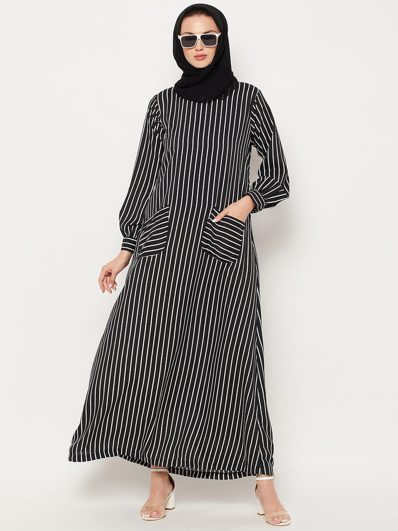 Nabia Black Striped Crape Women Abaya With Georgette Scarf
