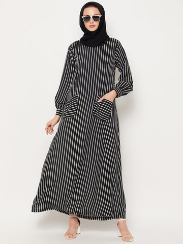 Nabia Black Striped Crepe Women Abaya With Georgette Scarf