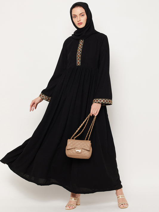 Clearance: Black Embroidery  Abaya With Georgette Scarf