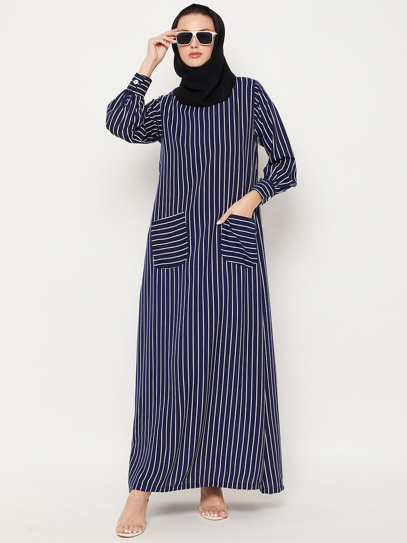 Nabia Blue Striped Crape Women Abaya With Georgette Scarf