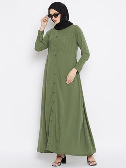 Nabia Women Jade Green Solid Yog Plate Abaya Drees With Georgette Scarf