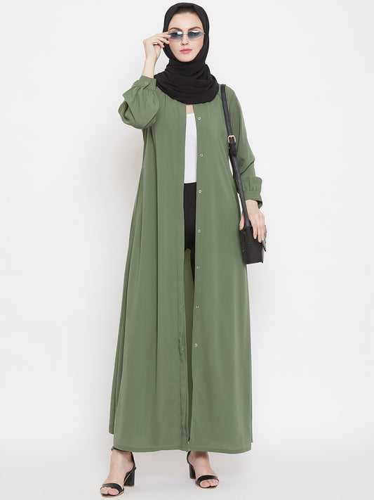 Nabia Women Jade Green Solid Front Open Abaya with Georgette Scarf