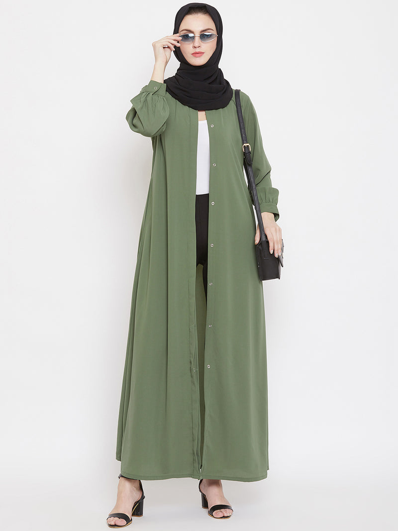 Nabia Women Jade Green Solid Front Open Abaya With Georgette Scarf