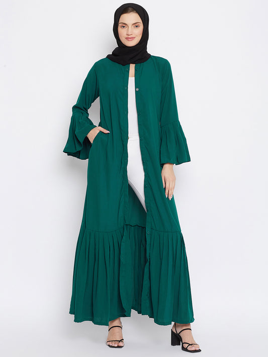 Nabia Women Bottle Green Solid Nida Plated Front Open Abaya With Georgette Scarf