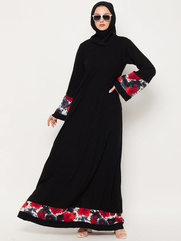 Nabia Black & Red Design Nida Matte Fabric Abaya With Georgette Scarf