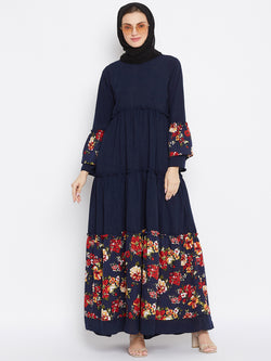 Nabia Women Blue Solid & Floral Printed Nida Matte Frill Abaya With Georgette Scarf