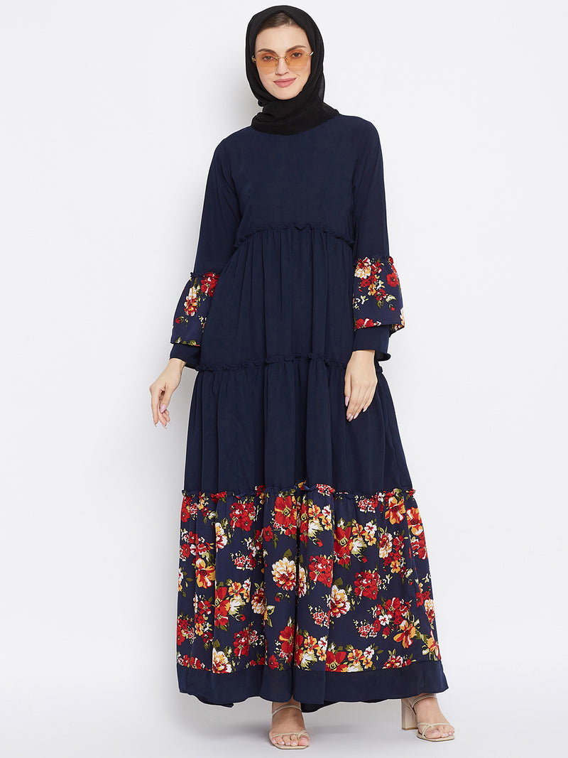 Nabia Women Blue Solid & Floral Printed Nida Matte Frill Abaya With Georgette Scarf