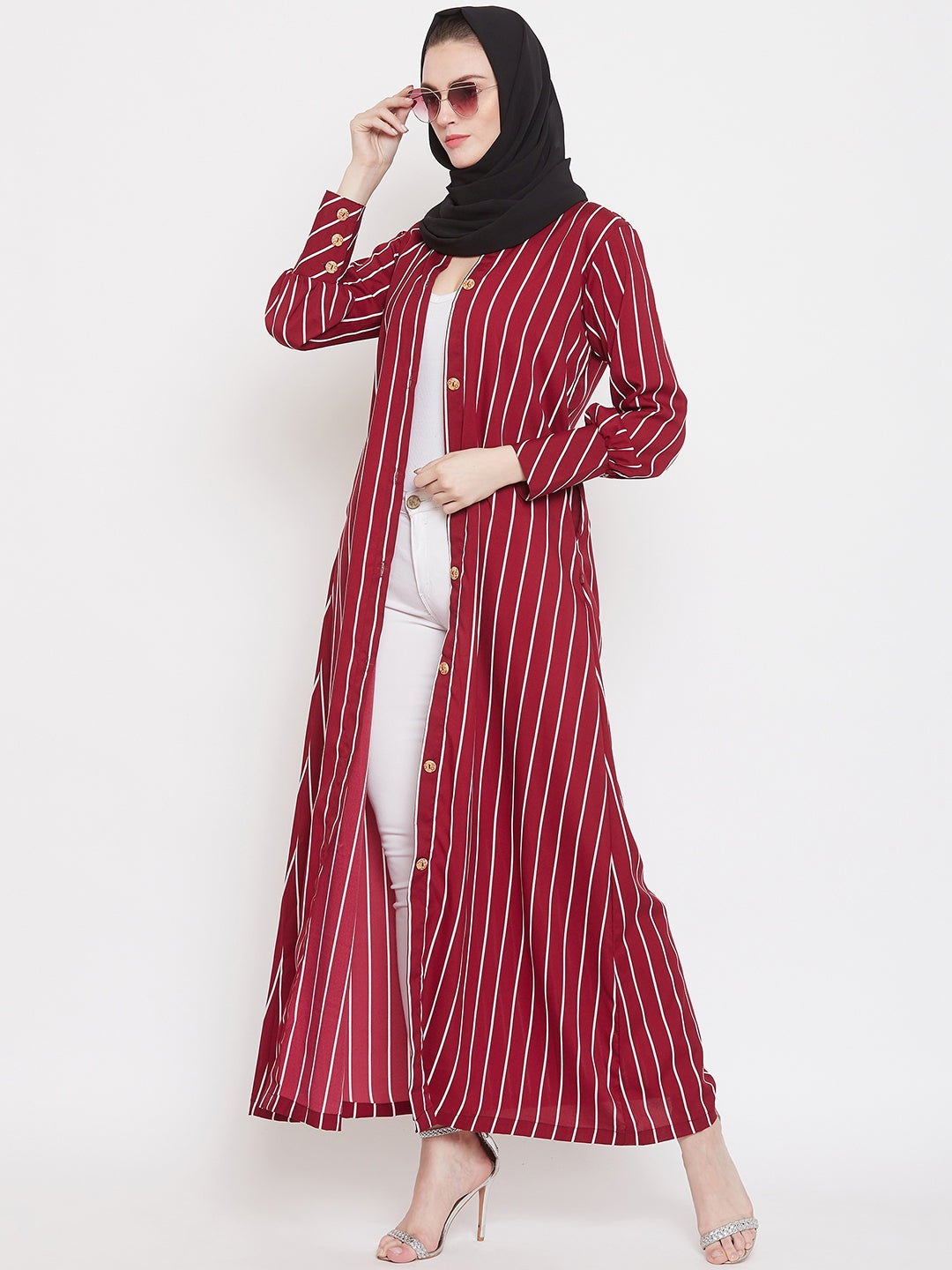 Nabia Women Maroon Front Open Striped Abaya with Georgette Scarf
