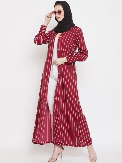 Nabia Women Maroon Front Open Striped Abaya with Georgette Scarf