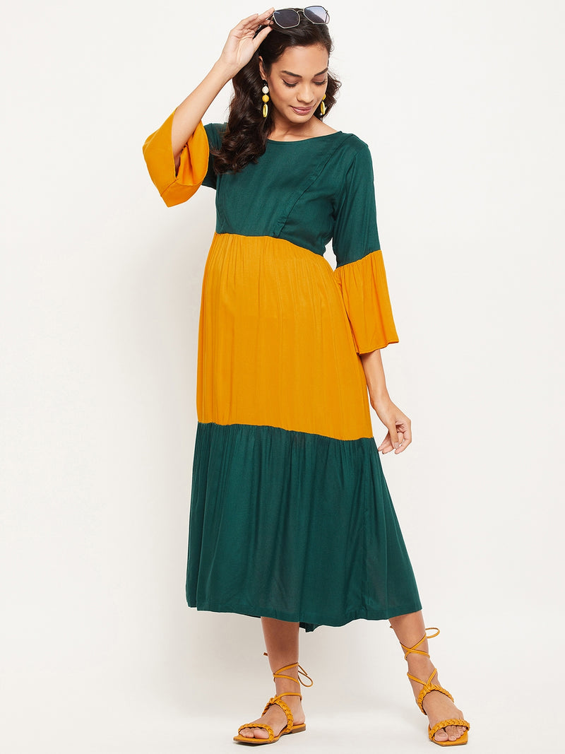 Green & Yellow Solid Maternity Dress for Women