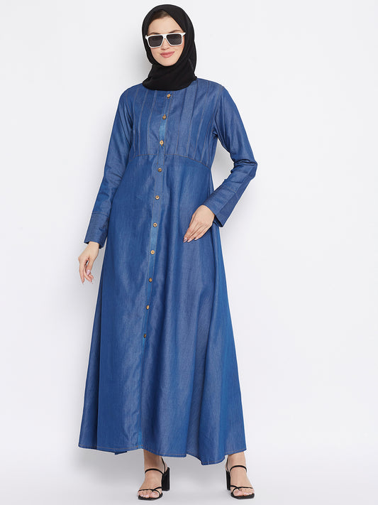 Nabia Women Blue Solid Denim Abaya With Georgette Scarf