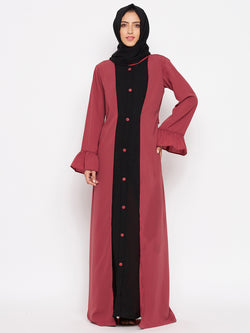 Nabia Women Rust & Black Solid Two Color Combination Bell Sleeves Abaya With Georgette Scarf