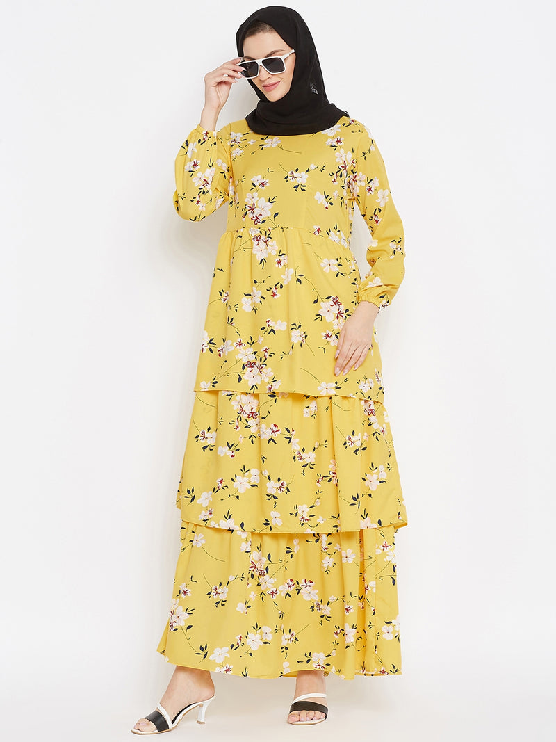 Nabia Women Yellow Floral Printed Crepe Three Frill Abaya Dress With Georgette Scarf