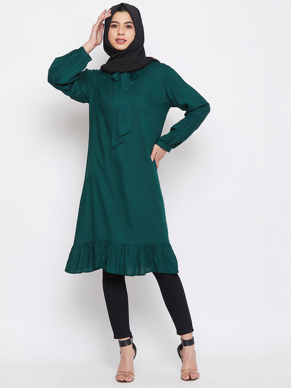 Nabia Women Bottle Green Tie-up neck Rayon Fabric Tunic Abaya with Georgette Scarf