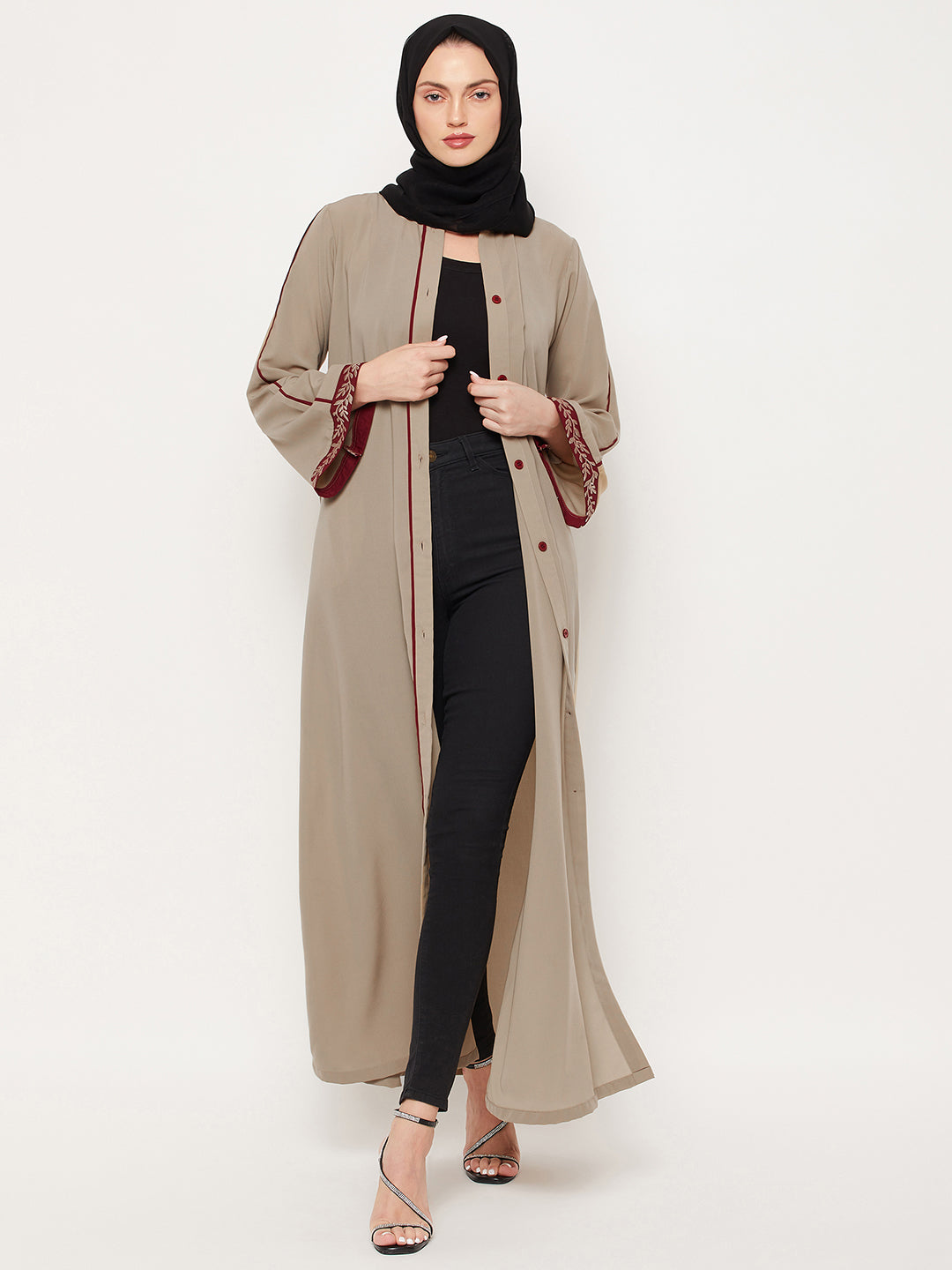 Nabia Beige Front Open Embroidery Work Women Abaya with Georgette Scarf
