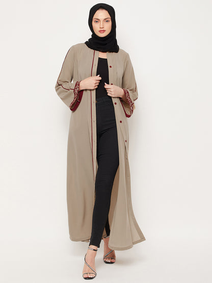 Nabia Beige Front Open Embroidery Work Women Abaya with Georgette Scarf