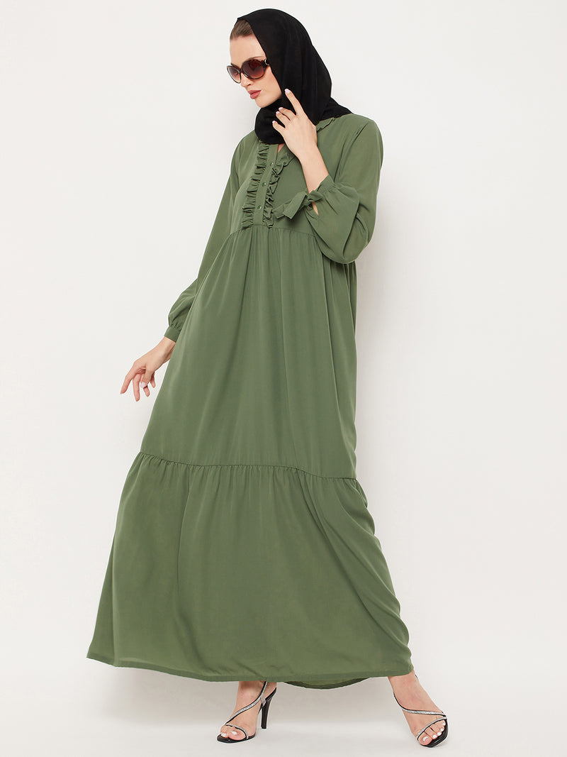 Nabia Jade Green Ruffle Nida Matte Fabric Women Abaya With Georgette Scarf