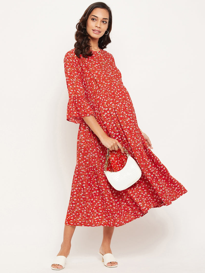 Red Floral Printed Maternity Dress for Women