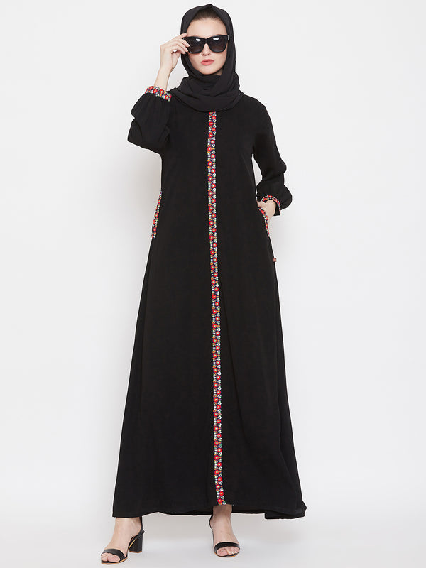 Nabia Women  Black Chikan Hand Embroidery Nida Matte Fabric  Abaya with Georgette Scarf