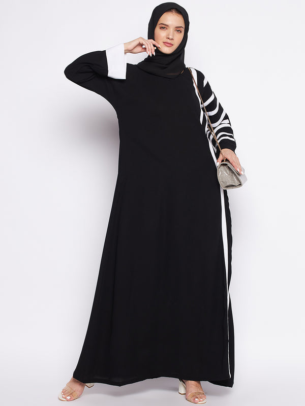 Nabia Black & White A-line Nida Matte Fabric Abaya For Women With Georgette Scarf