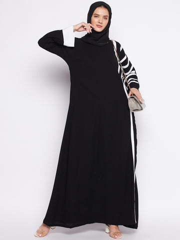 Nabia Black & White A-line Nida Matte Fabric Abaya For Women With Georgette Scarf