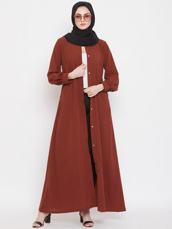 Nabia Women Rust Solid Front Open Abaya With Georgette Scarf