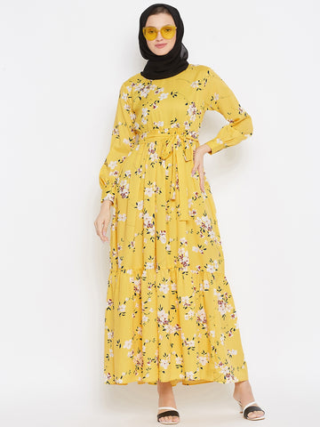 Nabia Women Yellow Floral Printed Crepe Two Frill Abaya Dress With Georgette Scarf