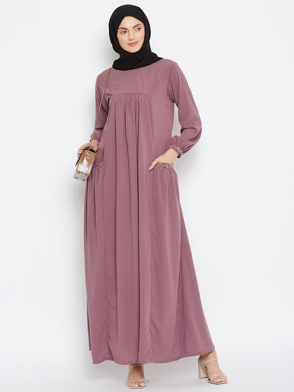Nabia Women Pink Pocket Embroidery Nida Matte Fabric Abaya with Georgette Scarf
