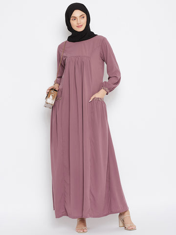 Nabia Women Pink Pocket Embroidery Nida Matte Fabric Abaya with Georgette Scarf