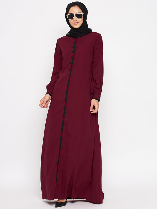 Nabia Women Maroon Solid Piping Design Abaya Burqa With Georgette Scarf
