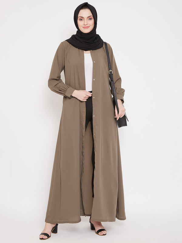 Nabia Women Oat Solid Front Open Abaya With Georgette Scarf