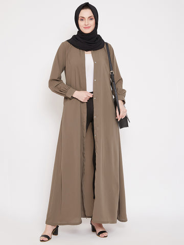 Nabia Women Oat Solid Front Open Abaya With Georgette Scarf