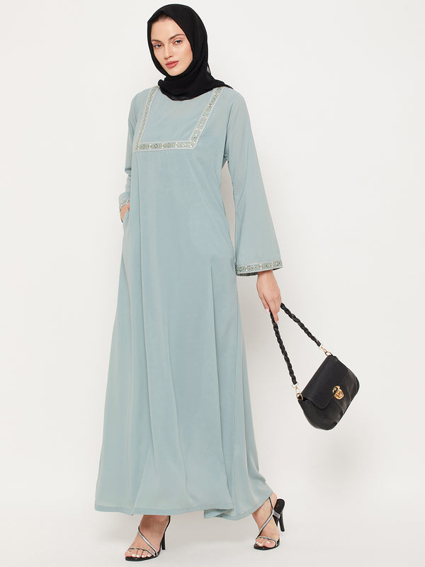 Nabia Sea Green Nida Matte Fabric Embroidery Work Women Abaya With Georgette Scarf