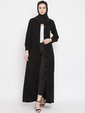 Nabia Women Black Solid Front Open Abaya with Georgette Scarf
