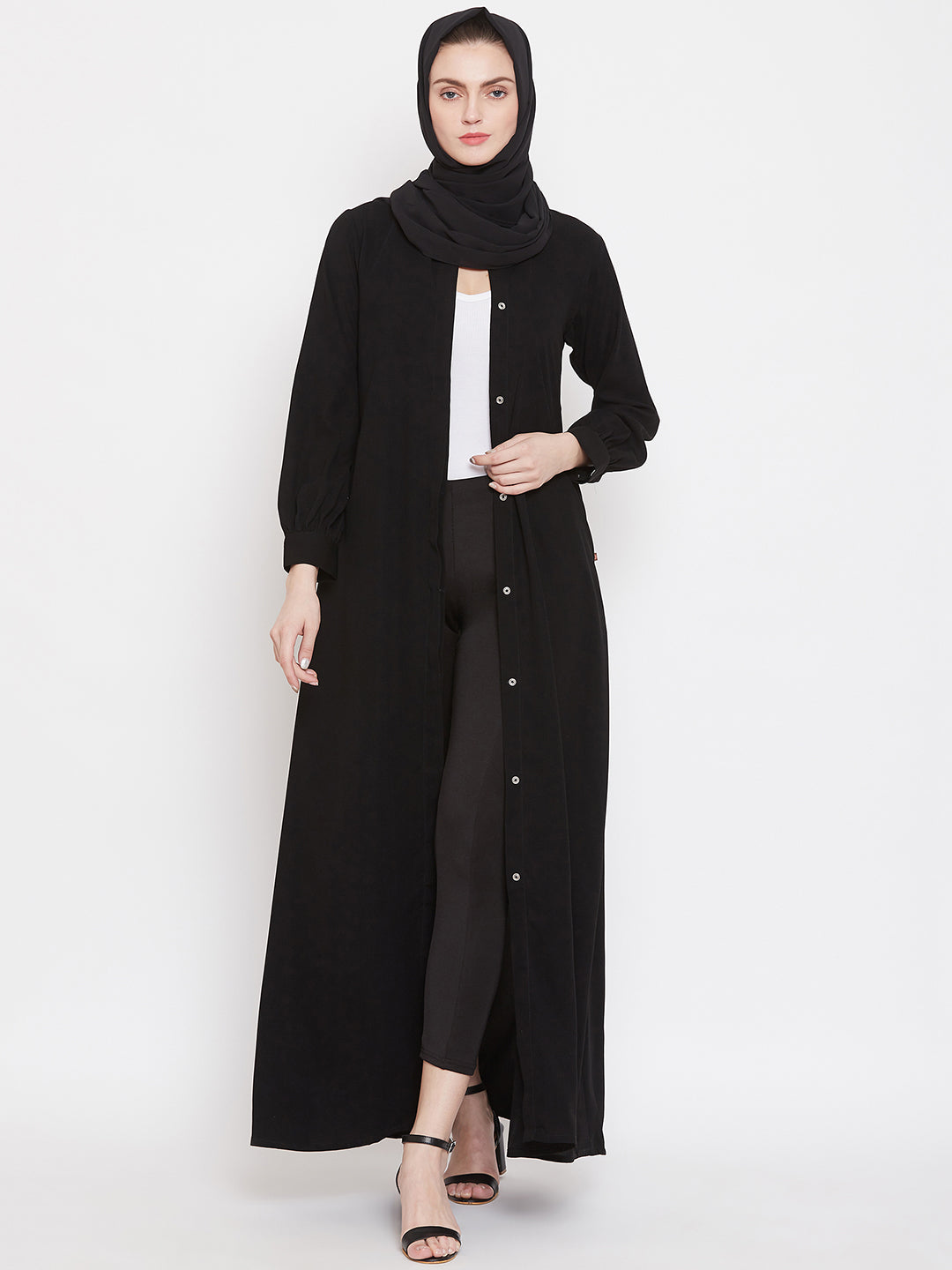 Nabia Women Black Solid Front Open Abaya With Georgette Scarf