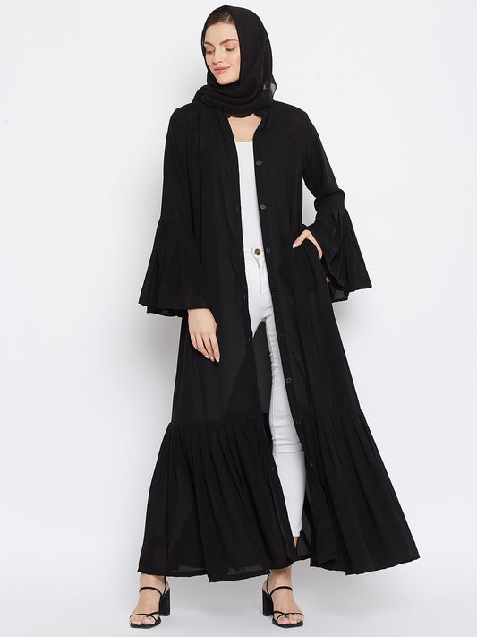 Nabia Women Black Solid Nida Plated Front Open Abaya With Georgette Scarf