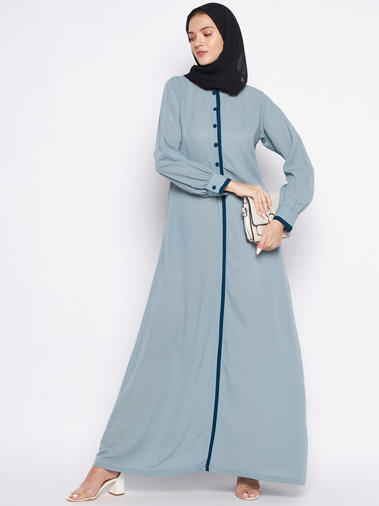 Nabia Sea Green Solid Nida Matte Fabric Abaya For Women with Georgette Scarf