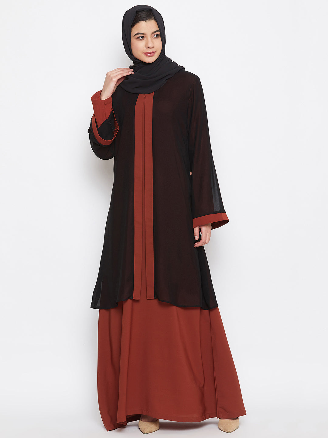 Nabia Women Black & Rust Shrug Attached Nida Matte Abaya With Georgette Scarf