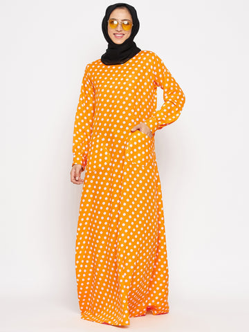 Nabia Women Yellow Polka Crepe Abaya Dress With Georgette Scarf