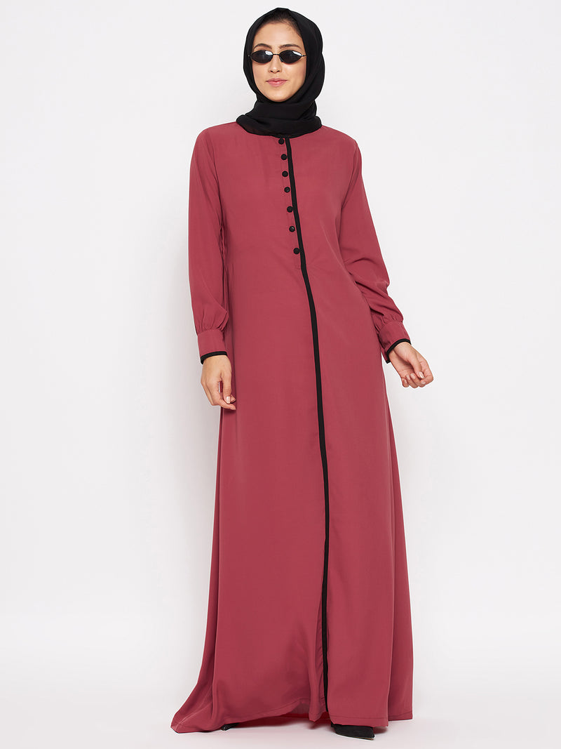 Nabia Women Rust Solid Piping Design Abaya Burqa With Georgette Scarf