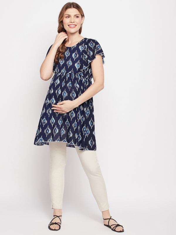 Nabia Women Blue Geometric Printed Flared Sleeves Maternity & Nursing Dress