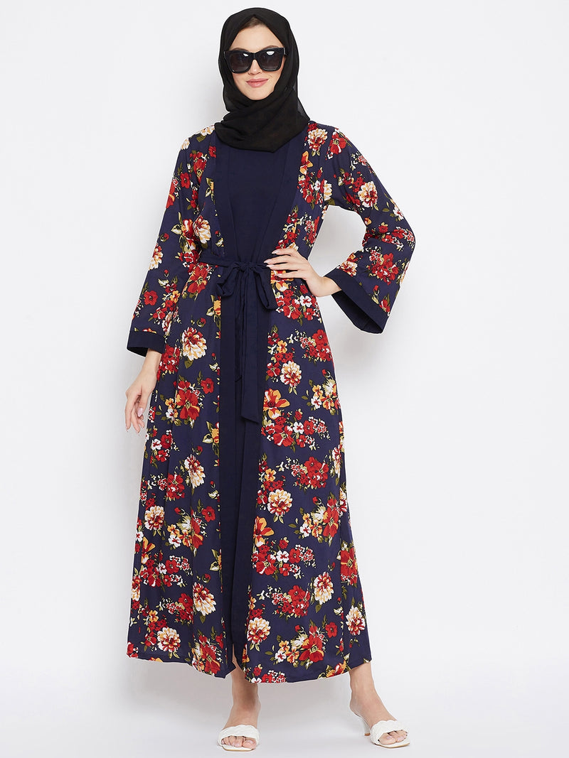 Nabia Women Blue & Red Floral Printed Shrug Attached Casual Abaya With Georgette Scarf