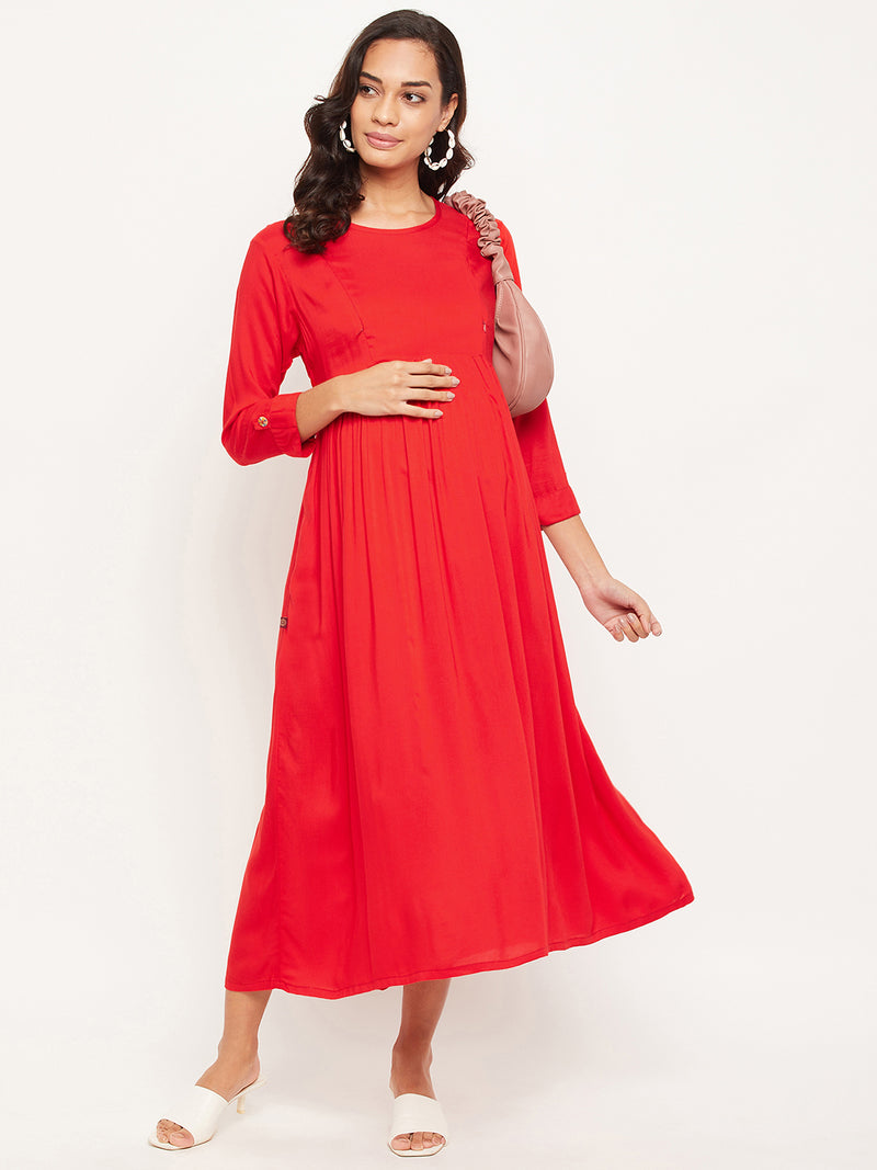 Red Solid Maternity Dress for Women