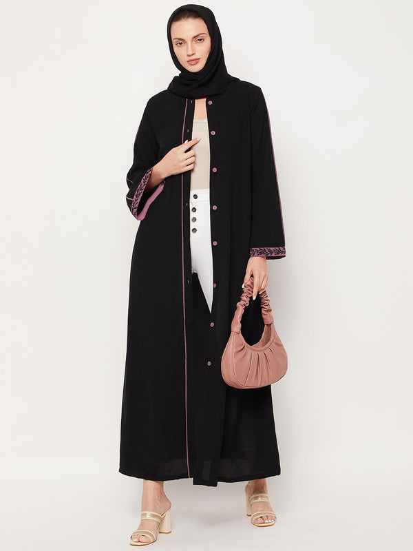Nabia Black Front Open Embroidery Work Women Abaya With Georgette Scarf