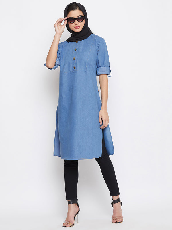 Nabia Women Blue Denim Cotton Tunic Abaya With Georgette Scarf