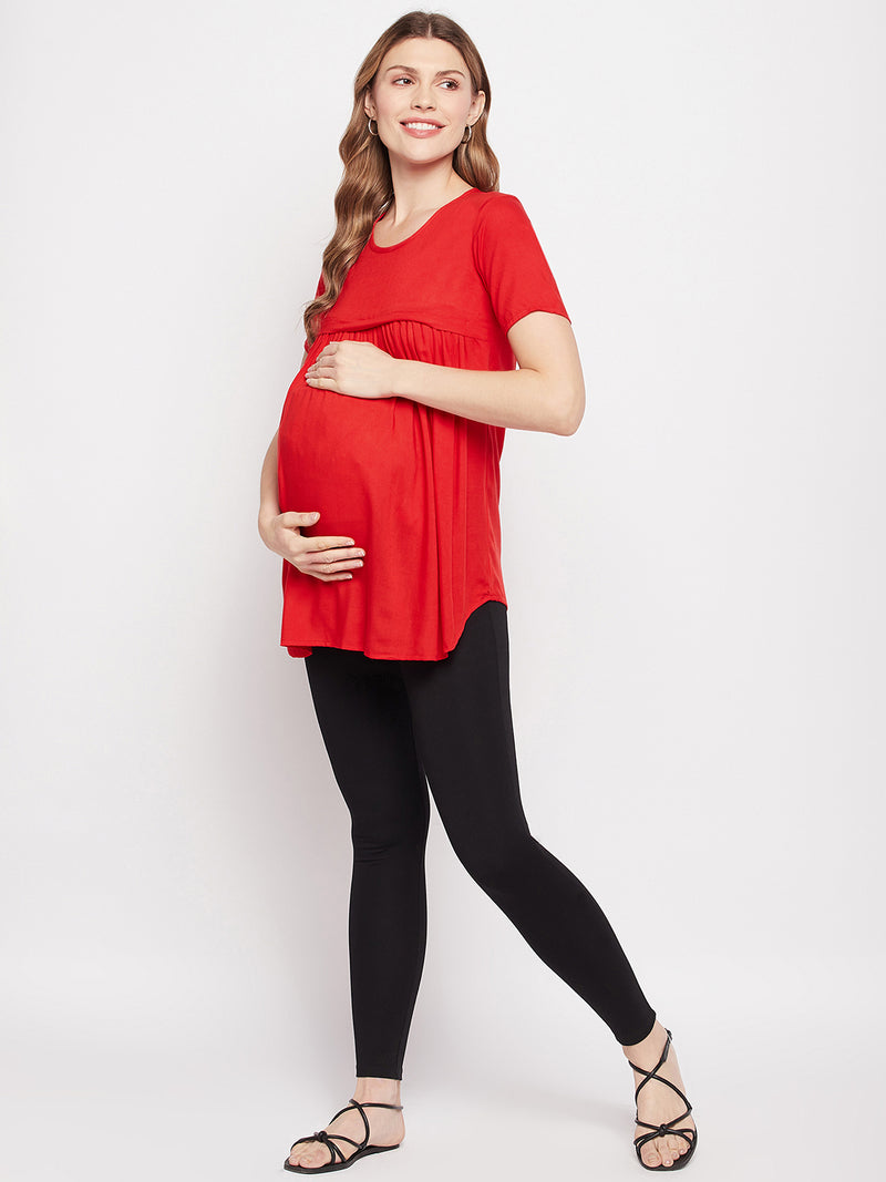 Nabia Red Solid Maternity & Nursing Tops for women