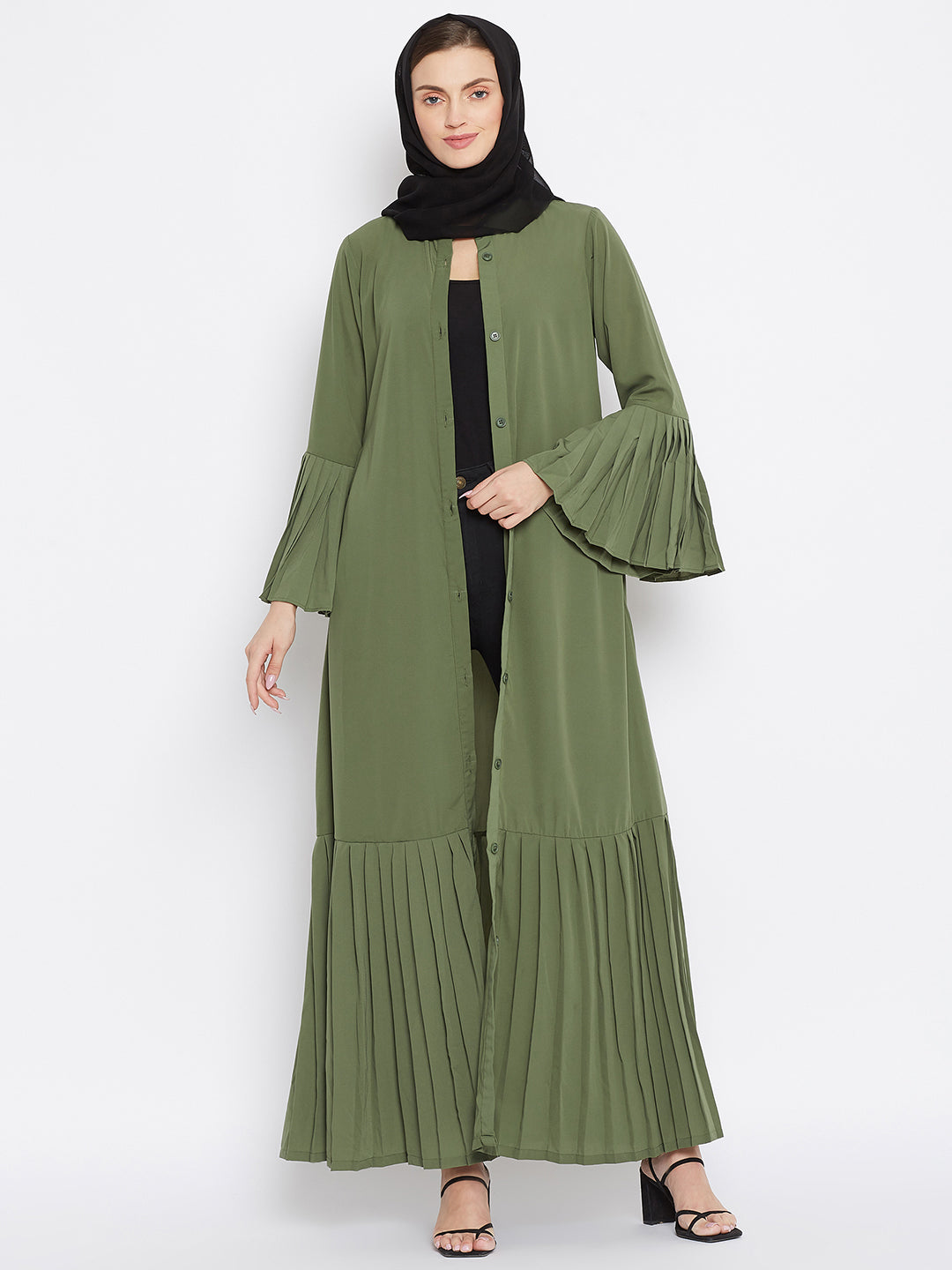 Nabia Women Jate Green Solid Nida Plated Front Open Abaya With Georgette Scarf